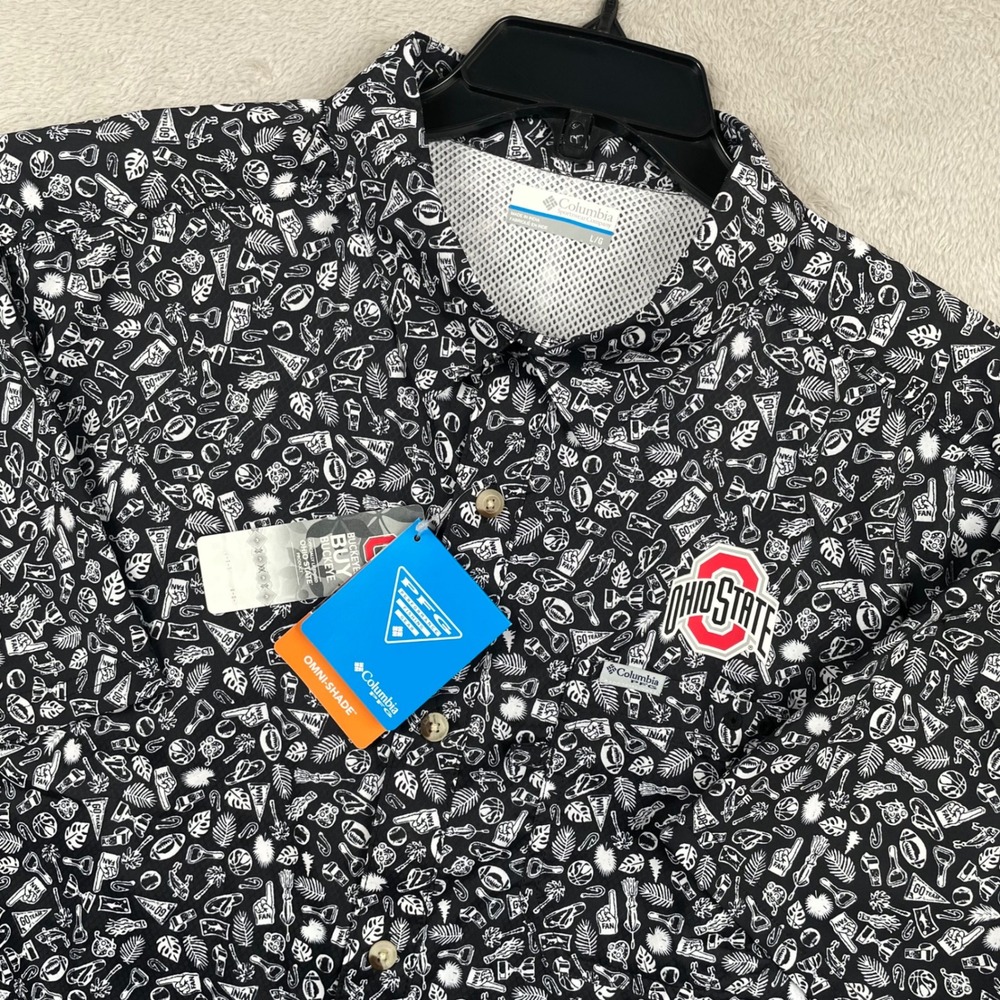 New Columbia Super Slack Tide Shirt Men Large Ohio State Buckeyes PFG Buton Up